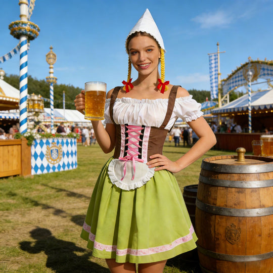 Damen nan traditionelles Dirndl-Kostüm mit Schnürung, Schürze und spitzem Kopftuch EB