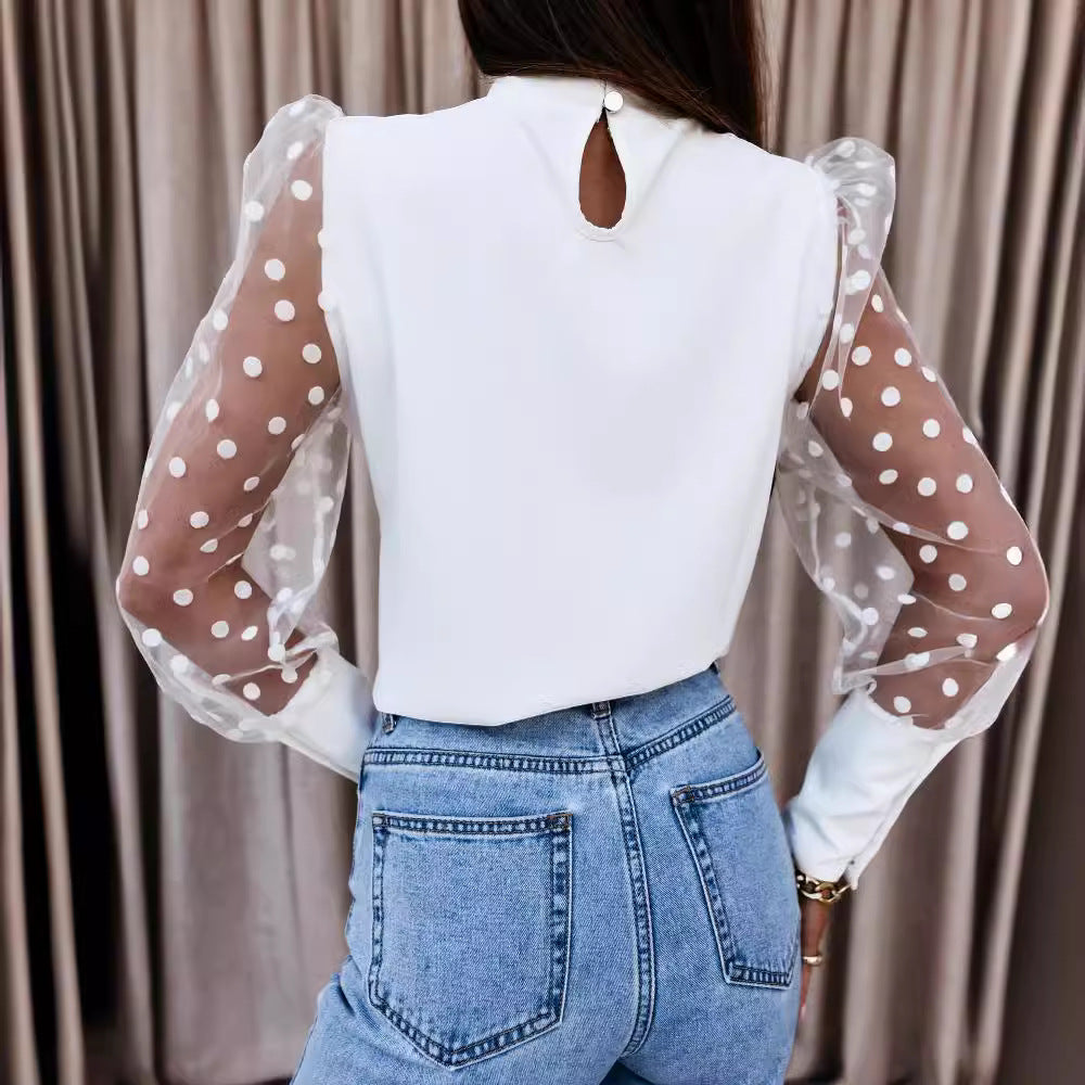 Damen Bluse mit transparenten Puffärmeln und Punktmuster EB