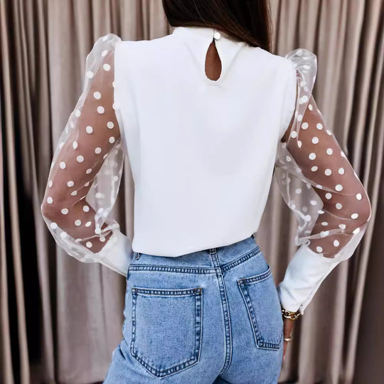 Damen Bluse mit transparenten Puffärmeln und Punktmuster EB