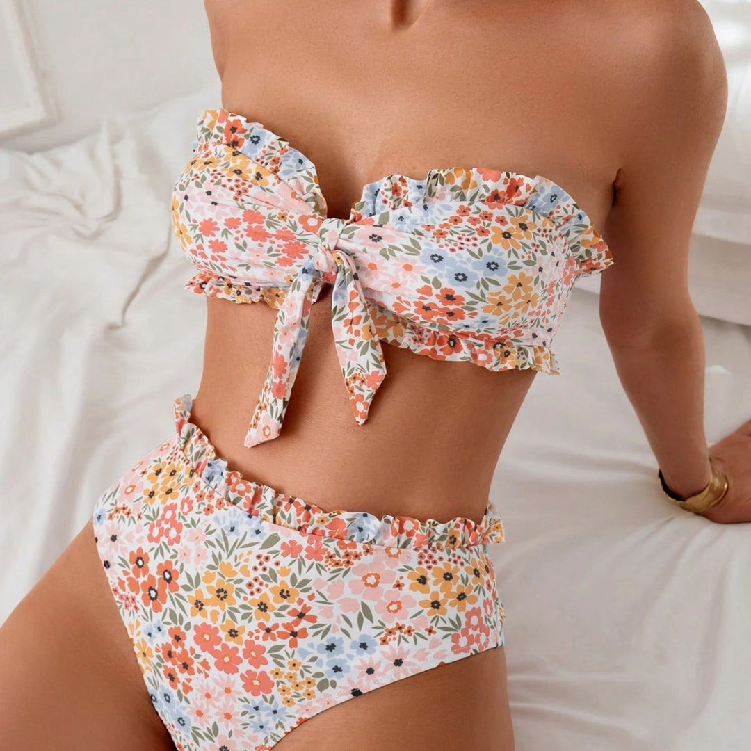 Damen Bikini-Set mit romantischen Rüschendetails und hohem Taillenbund EB