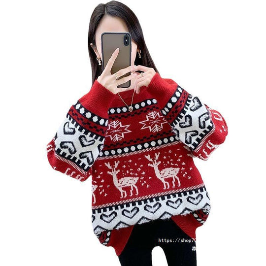 Damen Grobstrickpullover mit festlichem Rentiermotiv und modernem Design EB