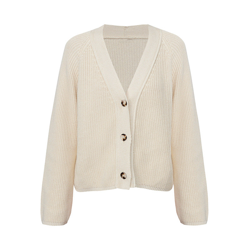 Damen Strickjacke mit großem V-Ausschnitt und Knopfverschluss EB