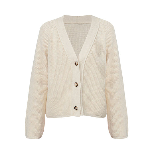 Damen Strickjacke mit großem V-Ausschnitt und Knopfverschluss EB