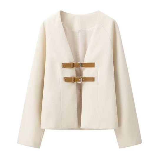 Damen elegante Bouclé-Jacke mit dekorativen Schnallen EB