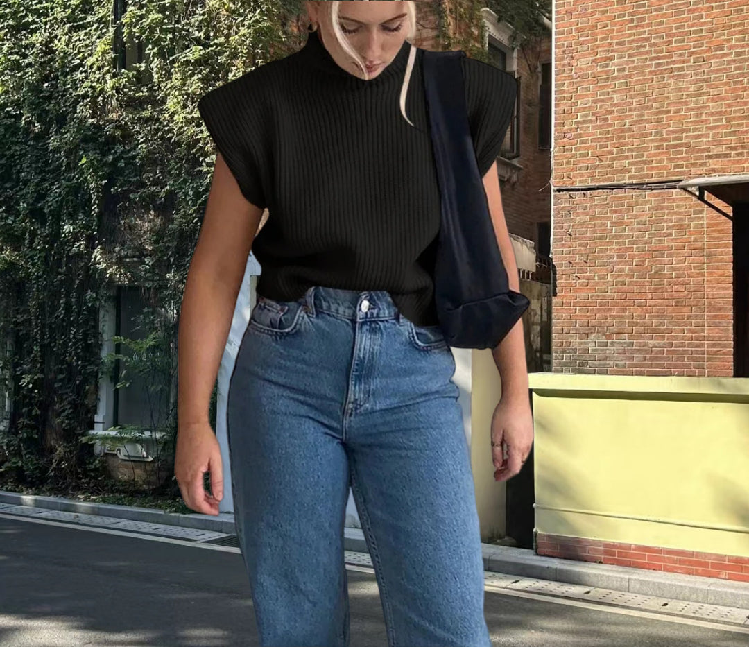 Damen Stricktop mit Stehkragen und Puffärmeln EB
