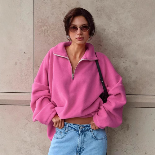 Damen lässiger Fleece-Pullover mit halbem Reißverschluss und oversized Schnitt EB