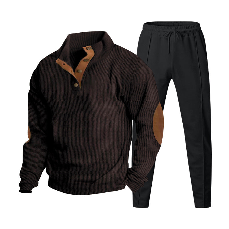 Herren Strukturiertes Henley-Loungewear-Set mit Ellenbogen-Patches & tapered Jogginghose EB