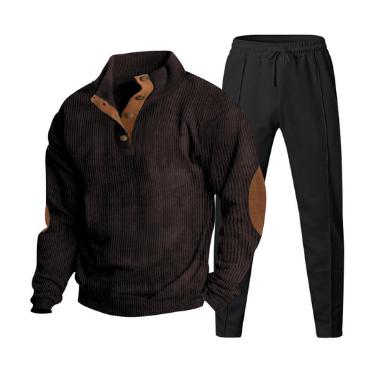 Herren Strukturiertes Henley-Loungewear-Set mit Ellenbogen-Patches & tapered Jogginghose EB