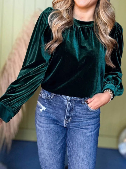 Damen Samtbluse mit Ballonärmeln und gerafftem Stehkragen EB