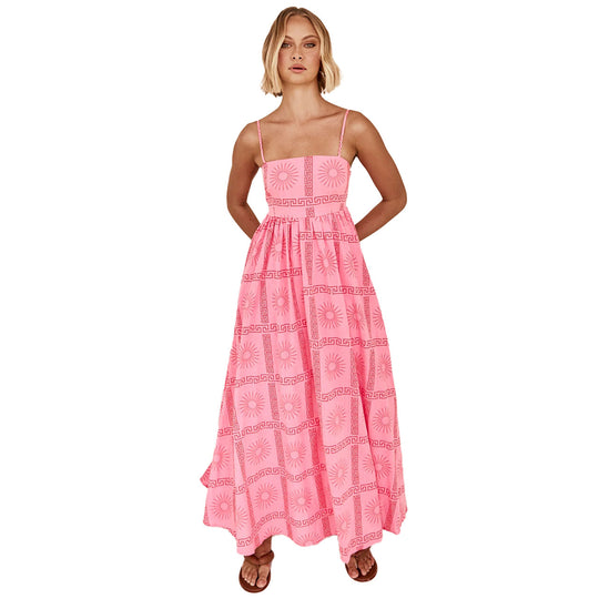 Damen Maxikleid mit gesmoktem Oberteil und verspieltem Grafikdesign EB