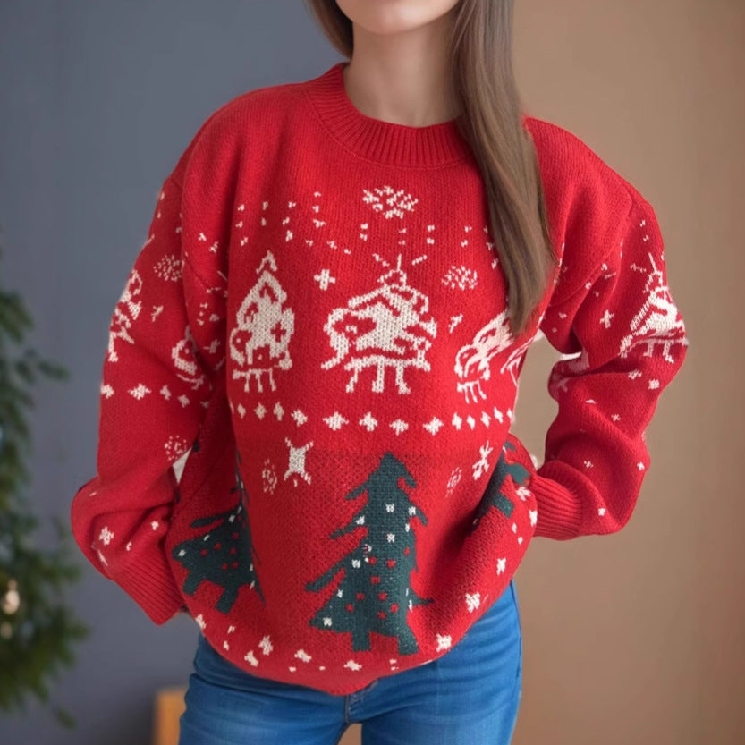 Damen gestrickter Weihnachtspullover mit festlichen Motiven und lässigem Schnitt EB