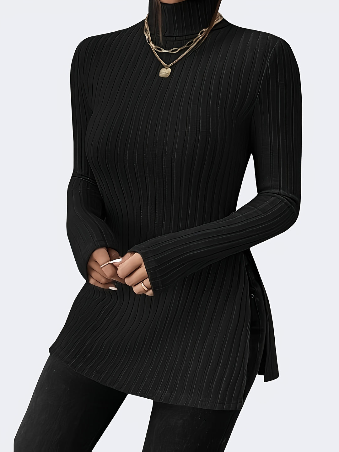 Damen Langarmshirt mit hohem Kragen und feinem Rippdesign EB