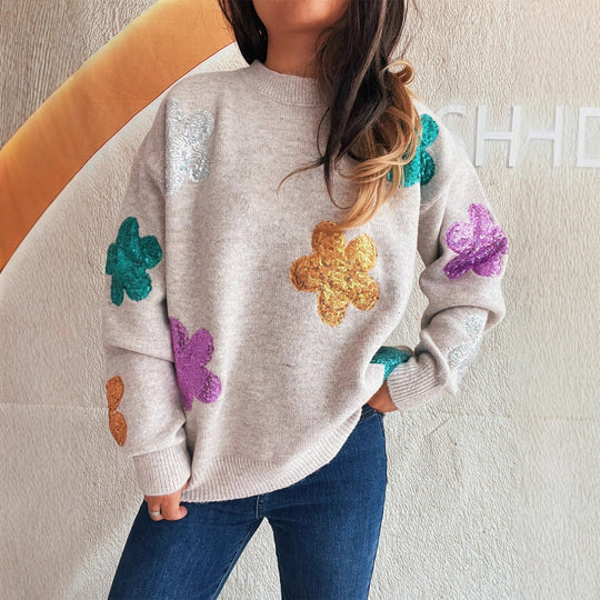 Damen Strickpullover mit bunten Funkelblumen EB