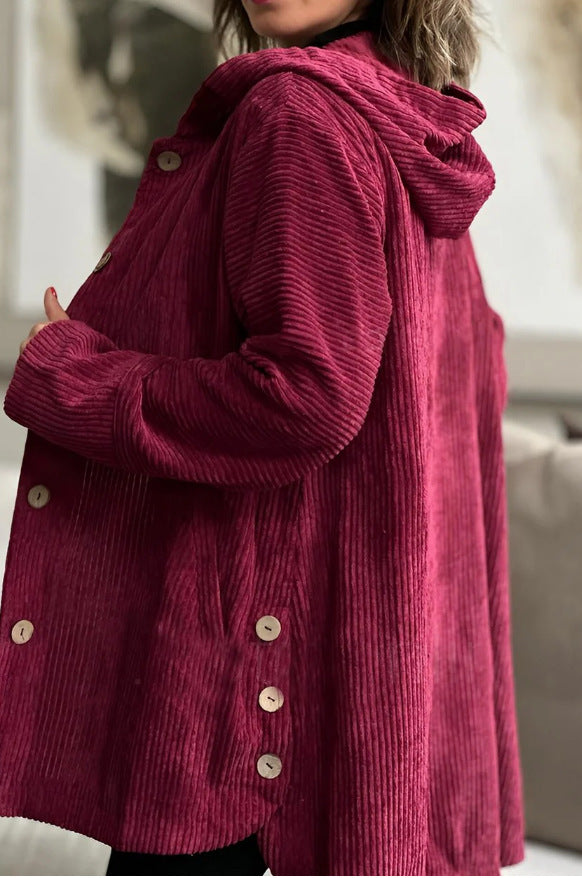 Damen Lässige cordjacke mit Kapuze und großen Knöpfen EB