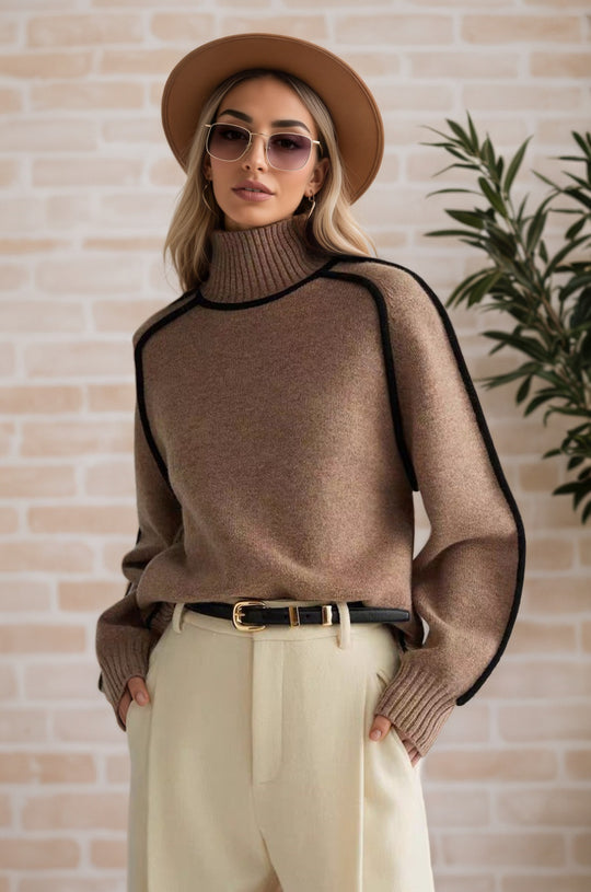 Damen Pullover mit hohem Kragen und Volumenärmeln EB