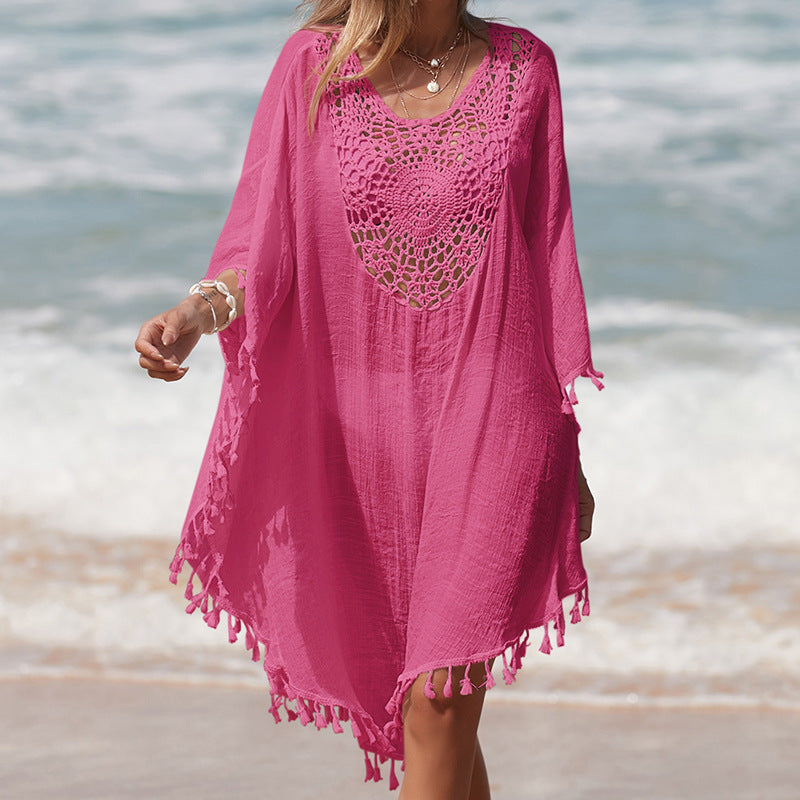 Damen Häkel-Strandüberwurf mit fransigem Saum und elegantem Lochmuster EB