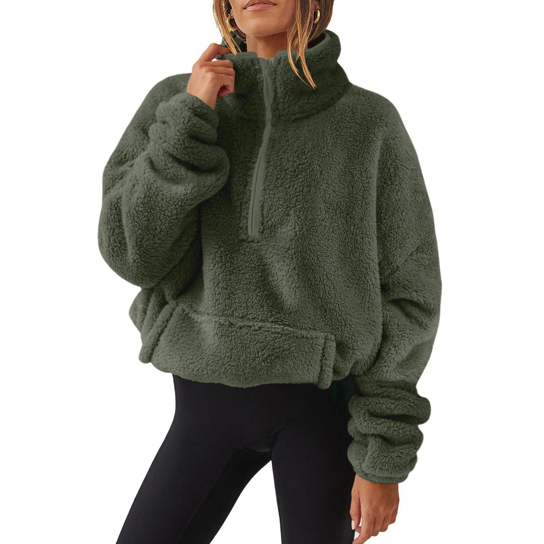Damen nan Oversize-Halbzip Teddy-Fleecepullover mit Kängurutasche und hohem Stehkragen EB