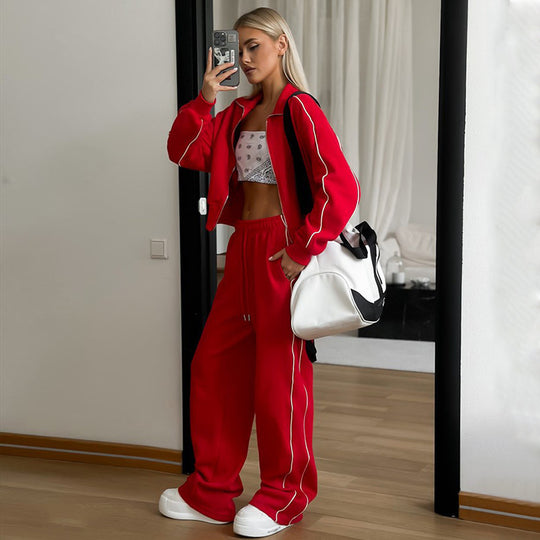 Damen nan kurzes Reißverschluss-Hoodie und hohe Taillen-Jogginghose Set mit dekorativer Seitenpaspel EB