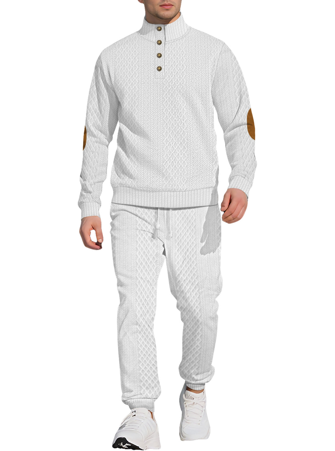 Herren nan strukturiertes Strick-Freizeitset mit Halbknopf-Stehkragen Wildleder-Ellbogenpatches und Kordelbund-Jogger EB