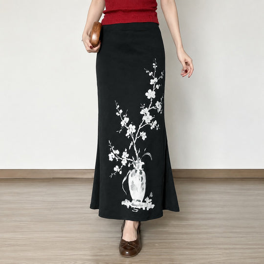 Damen nan ausgestellter Maxi-Rock mit A-Linien-Schnitt, elastischem Bund und floraler Aquarell-Vasen-Print EB