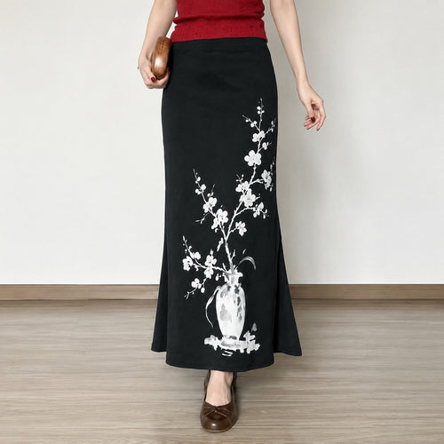 Damen nan ausgestellter Maxi-Rock mit A-Linien-Schnitt, elastischem Bund und floraler Aquarell-Vasen-Print EB
