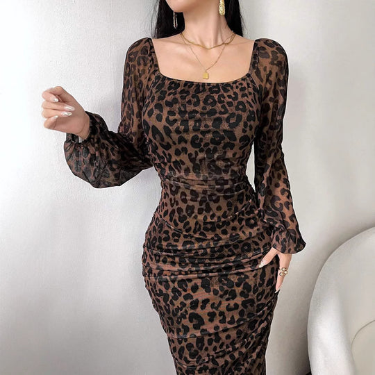Damen elegantes Kleid mit Leopardenmuster und Puffärmeln EB