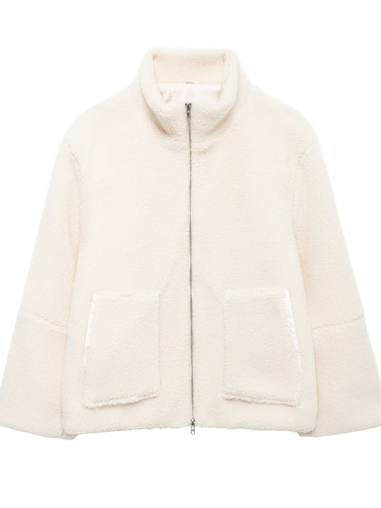 Damen kuschelige Fleecejacke mit hohen Kragen und großen Taschen EB