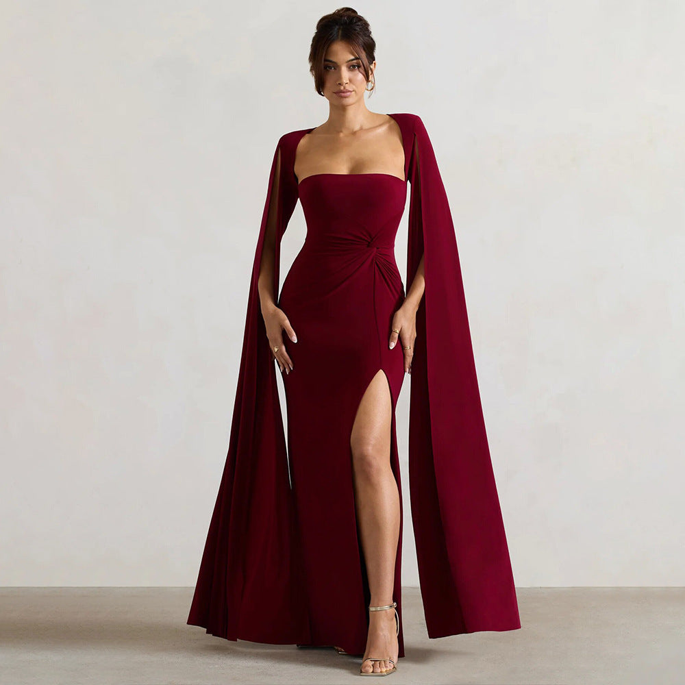 Damen Elegantes Maxikleid mit abnehmbarem Cape und seitlichem Schlitz EB