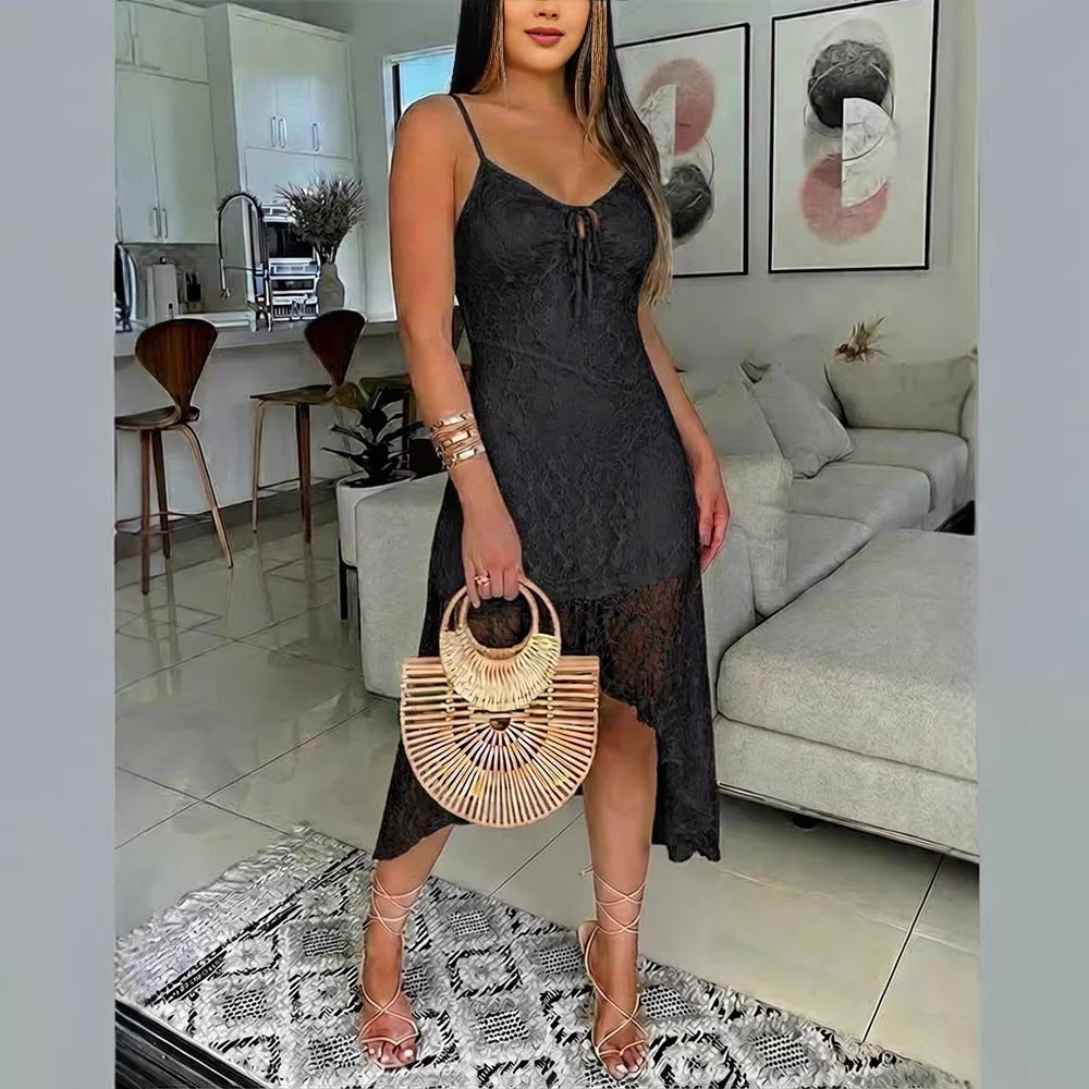 Damen Spitzenkleid mit romantischem Design und verstellbaren Spaghettiträgern EB
