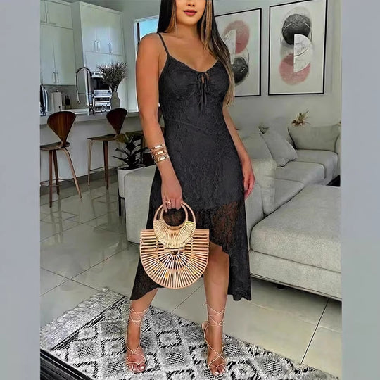 Damen Spitzenkleid mit romantischem Design und verstellbaren Spaghettiträgern EB