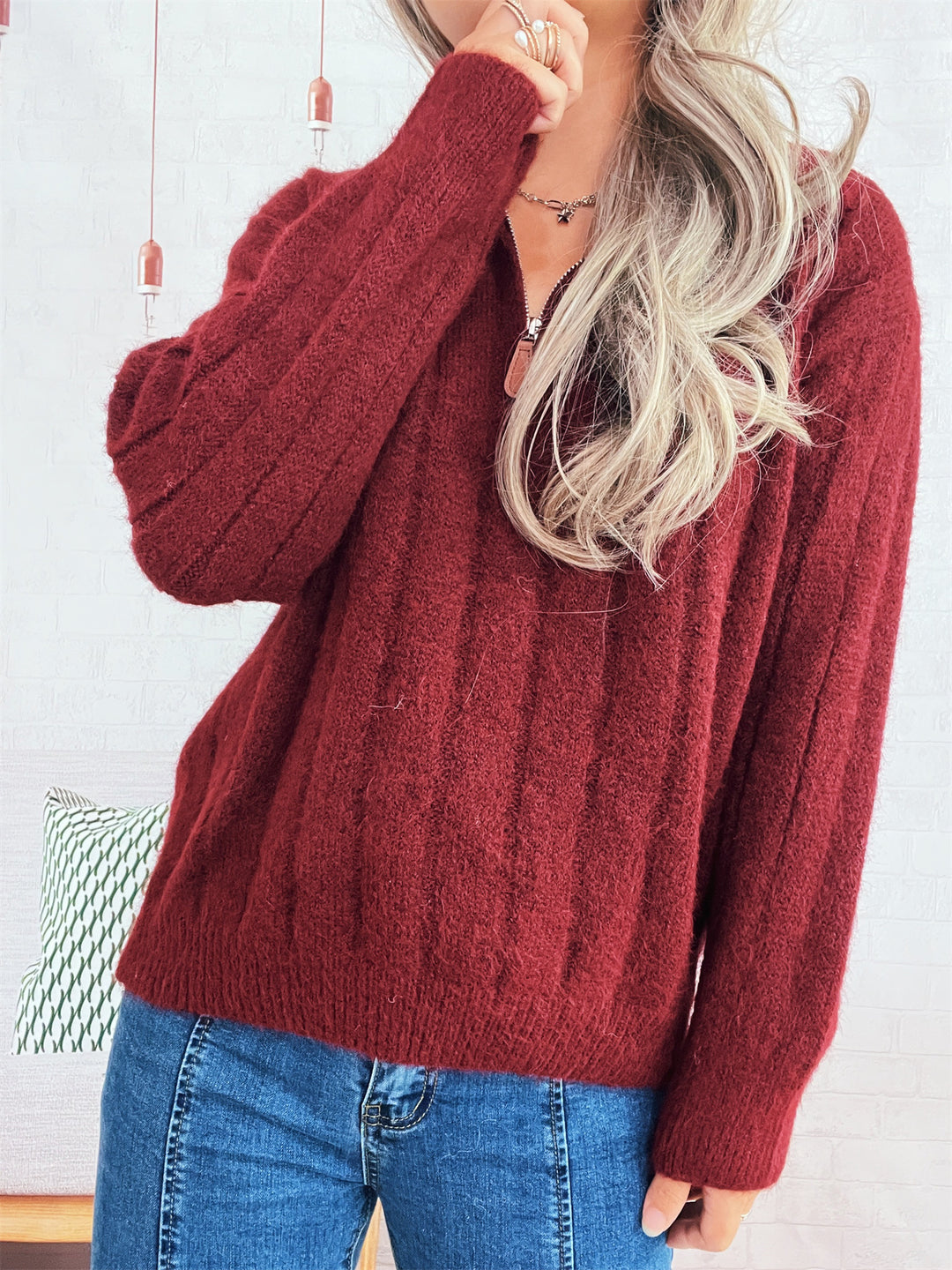 Damen Strickpullover mit kurzer Reißverschlussleiste und Wellenstruktur EB