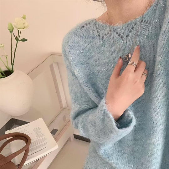 Damen Flauschiger Strickpullover mit glänzenden Akzenten und lockerem Schnitt EB