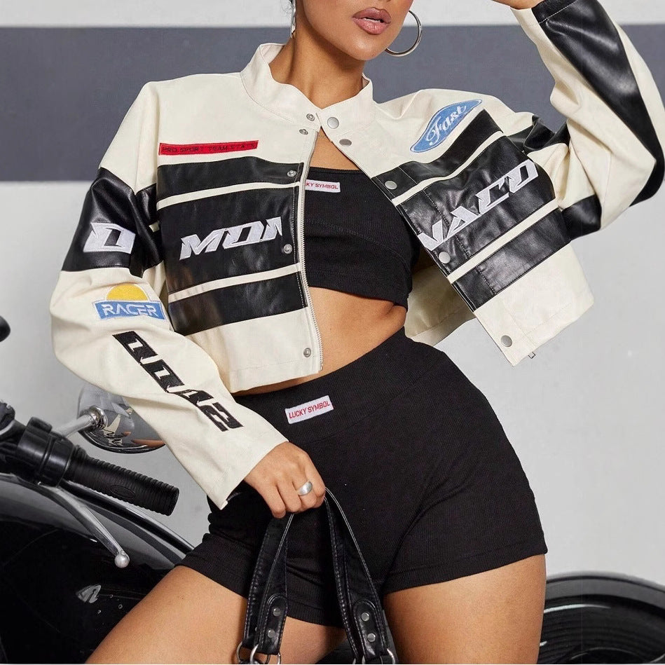 Damen cropped Bikerjacke mit sportiven Branding-Elementen EB