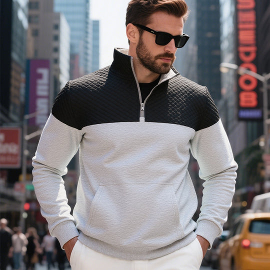 Herren nan gesteppter Halbzip Sweater mit Kängurutasche und Stehkragen EB