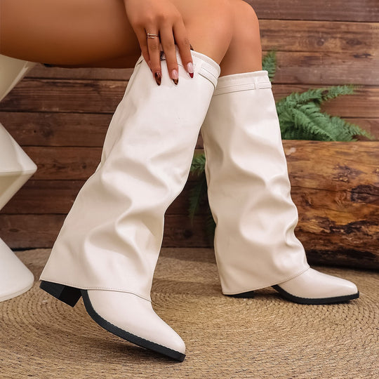 Damen nan kniehohe Slouch-Stiefel mit spitzer Zehenpartie niedrigem Blockabsatz und dekorativem Schaftgurt EB