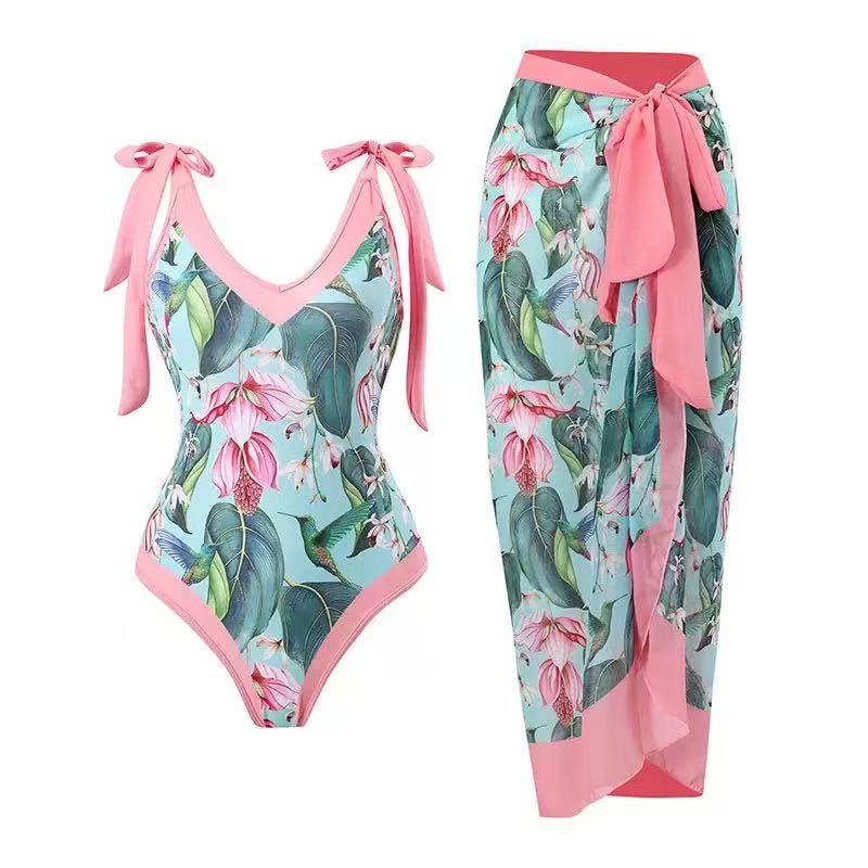 Damen Badeanzug mit floralem Design und transparentem Wickelrock EB