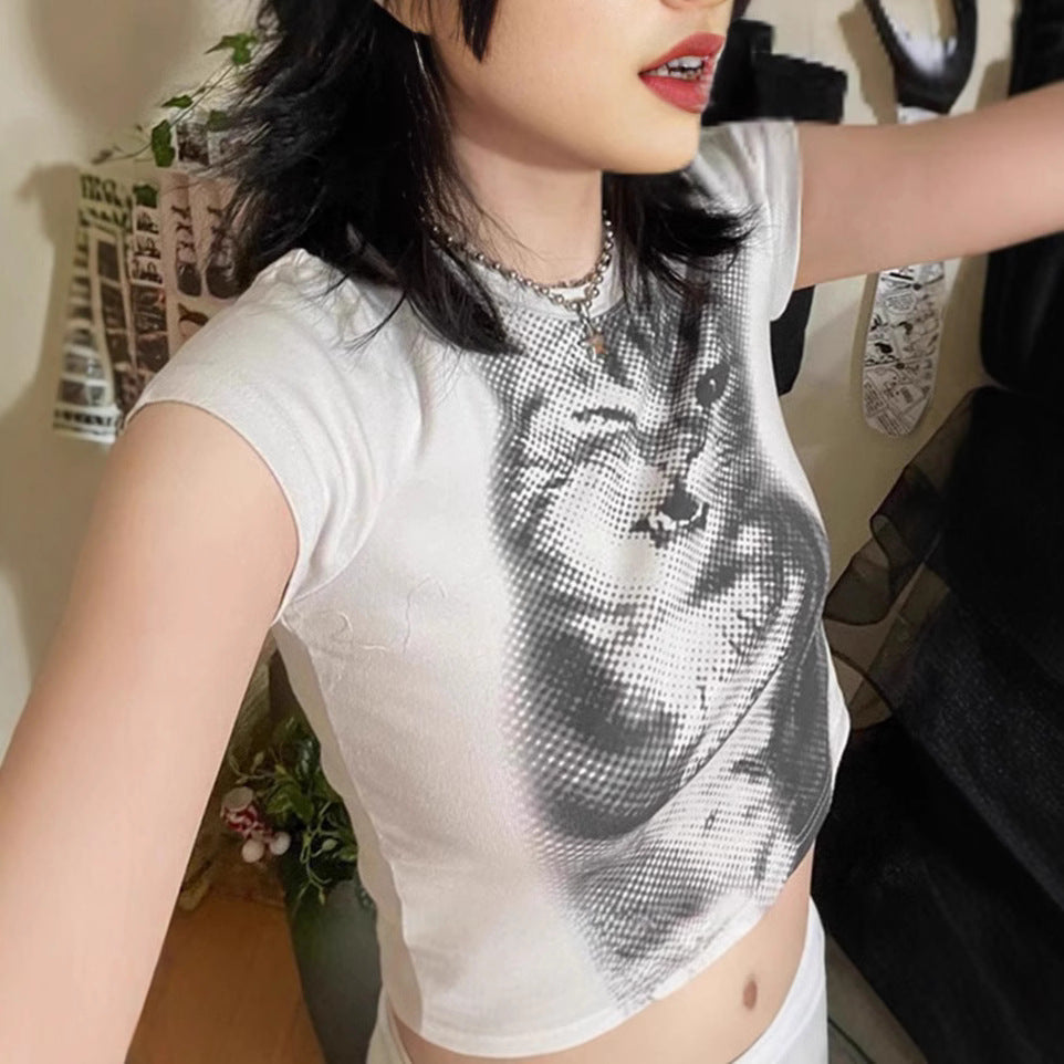 Damen Crop-T-Shirt mit kreativem Katzenmotiv EB