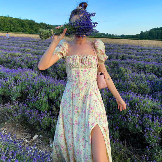 Damen Maxi-Kleid mit Puffärmeln und floralem Design EB