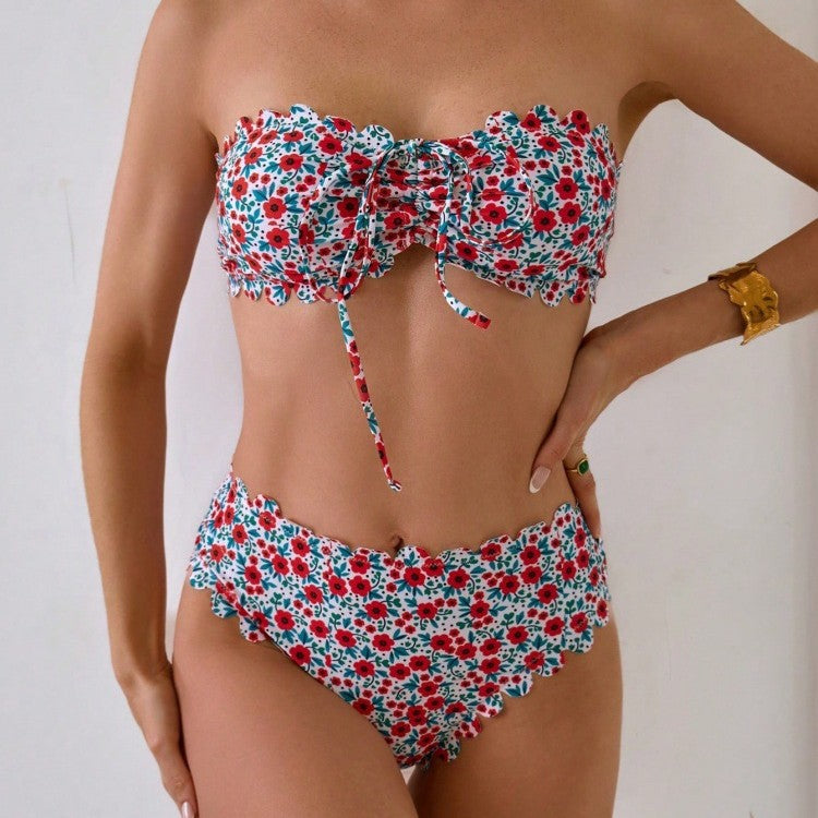 Damen Bikini-Set mit romantischem Rüschendesign und floralem Muster EB