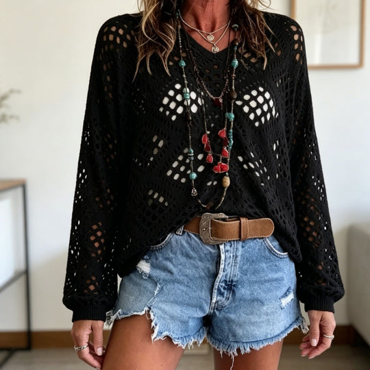 Damen Grobstrick-Häkelpullover mit offenen Maschen und V‑Ausschnitt EB