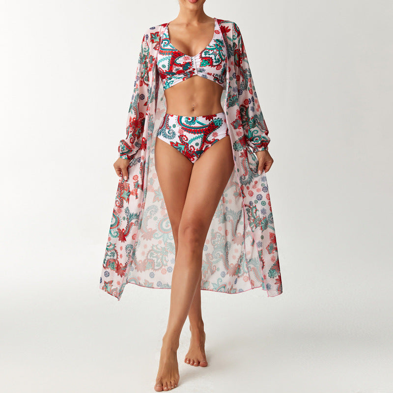 Damen Bikiniset mit farbenfrohem Design und transparenter Strandumhüllung EB