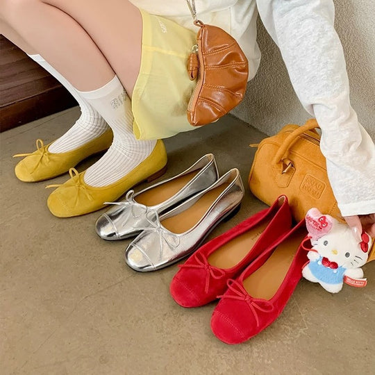 Damen Ballerinas aus hochwertigem metallic Leder mit elegantem Schleifenakzent EB