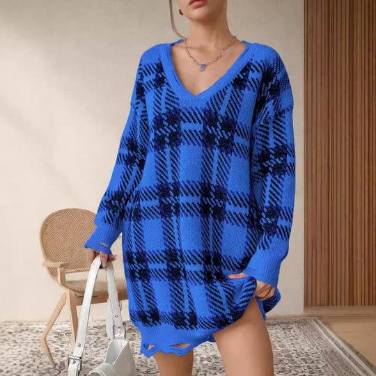 Damen Grobstrickpullover im modischen Karomuster EB