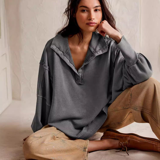 Damen Oversize Pullover mit Kragen und Druckknöpfen EB