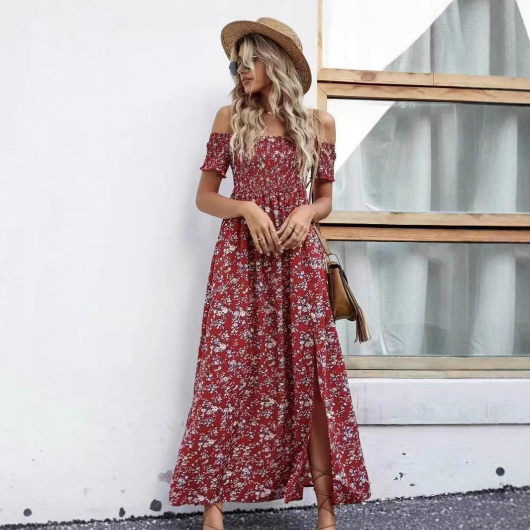 Damen luftiges Maxikleid mit schulterfreien Ärmeln und floralem Muster EB