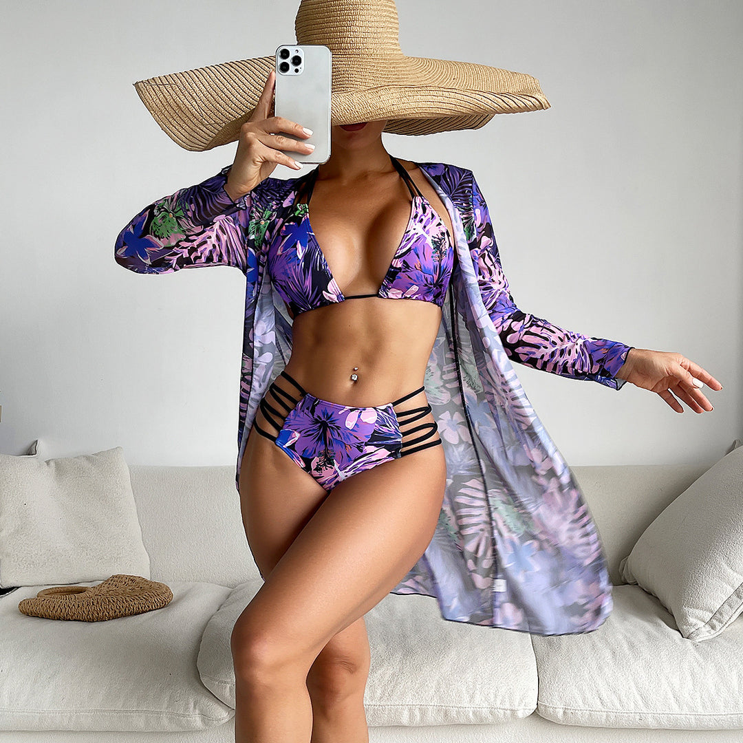 Damen Triangel-Bikini mit hohem Bund und floralem Design EB