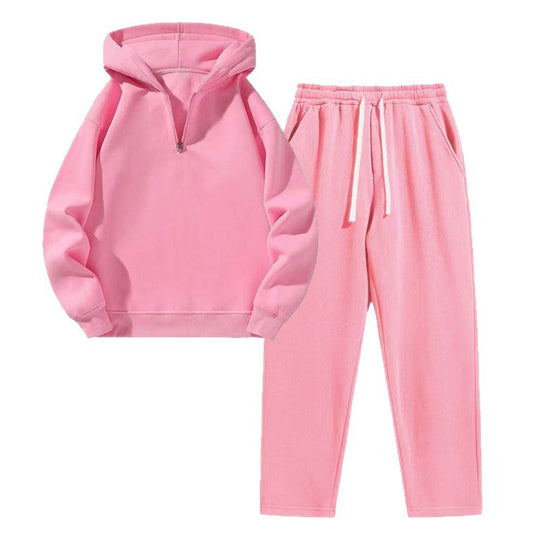 Damen nan Relax-Set mit kurzem Halbzip, übergroßer Kapuze und taillenhoher tapered Jogginghose EB