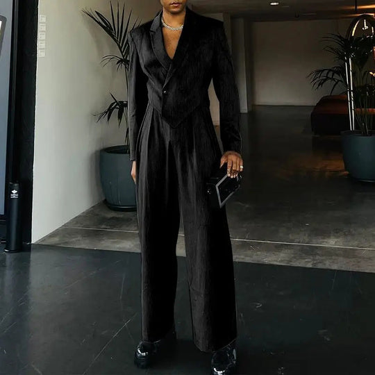 Damen nan Business-Set mit asymmetrischem Drapé-Blazer und Bundfaltenhose mit Gummibund EB
