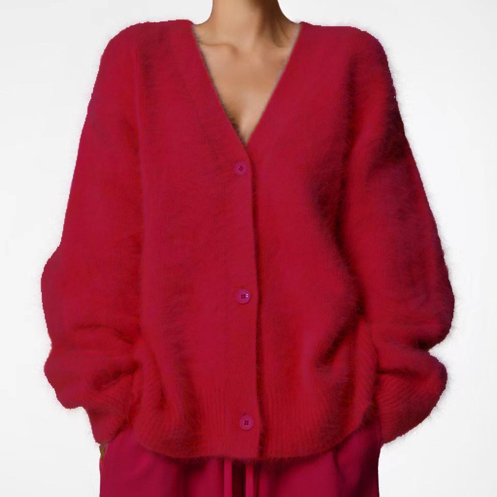 Damen Flauschiger Oversize-Knopfcardigan mit tiefem V-Ausschnitt und Eingrifftaschen EB