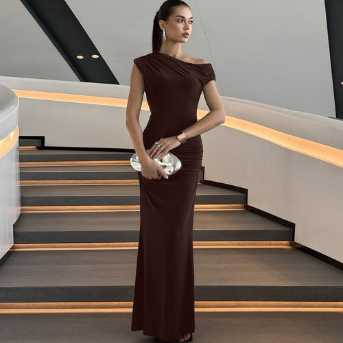 Damen Elegantes Maxikleid mit asymmetrischem Ausschnitt und Raffungen EB